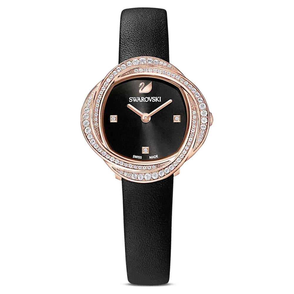 Swarovski Crystal Flower Black Dial Black Leather Strap Watch for Women - 5552421 Watches Swarovski   