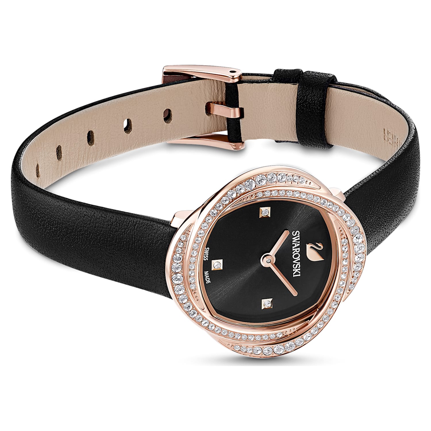 Swarovski Crystal Flower Black Dial Black Leather Strap Watch for Women - 5552421 Watches Swarovski   