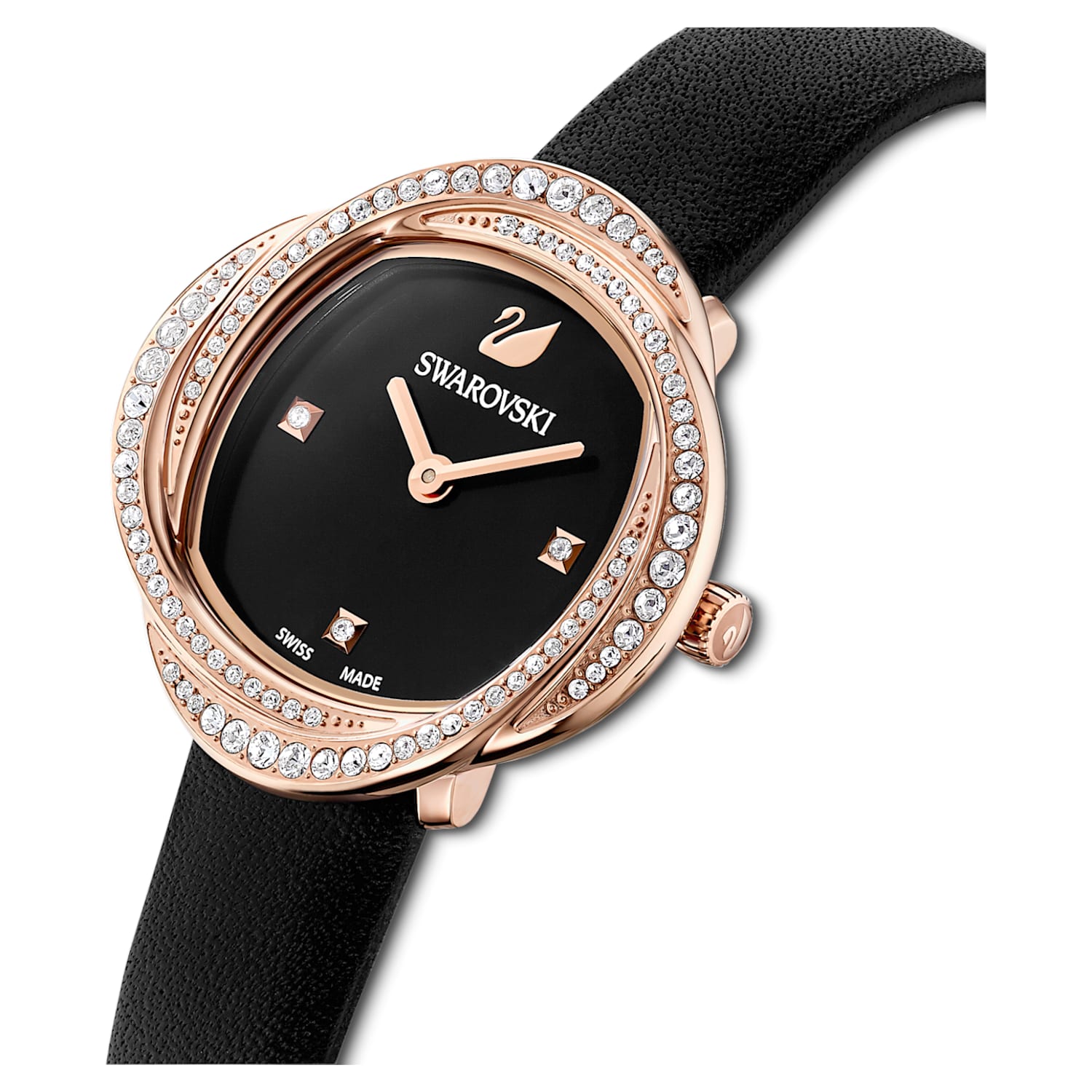 Swarovski Crystal Flower Black Dial Black Leather Strap Watch for Women - 5552421 Watches Swarovski   