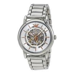 Emporio Armani Meccanico Silver Skeleton Dial Stainless Steel Watch For Men - AR1980 Watches Emporio Armani   