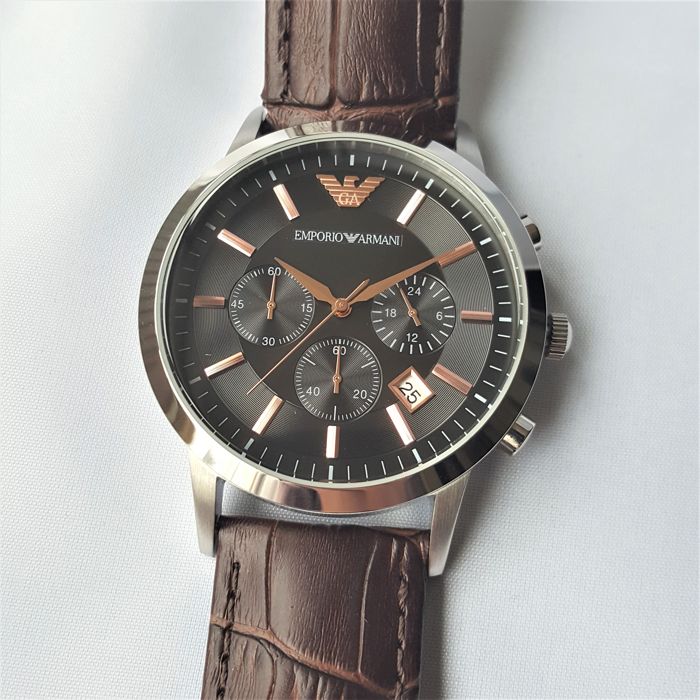 Emporio Armani Renato Chronograph Grey Dial Brown Leather Strap Watch For Men - AR2513 Watches Emporio Armani   