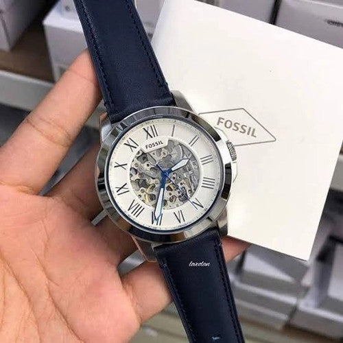 Fossil Grant Automatic Skeleton Silver Dial Blue Leather Strap Watch for Men - ME3111 Watches Fossil   