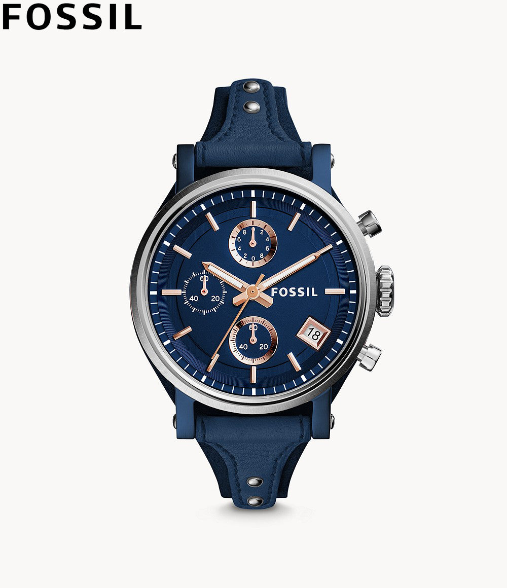 Fossil Boyfriend Sport Chronograph Blue Dial Blue Leather Strap Watch for Women - ES4113 Watches Fossil   