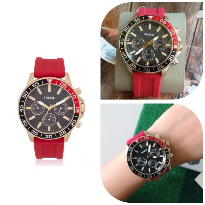 Fossil Bannon Multifunction Black Dial Red Silicone Strap Watch for Men - BQ2499 Watches Fossil   