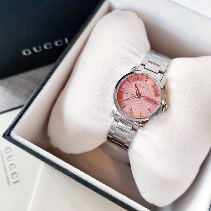 Gucci G Timeless Pink Dial Silver Steel Strap Watch For Women - YA126524 Watches Gucci   