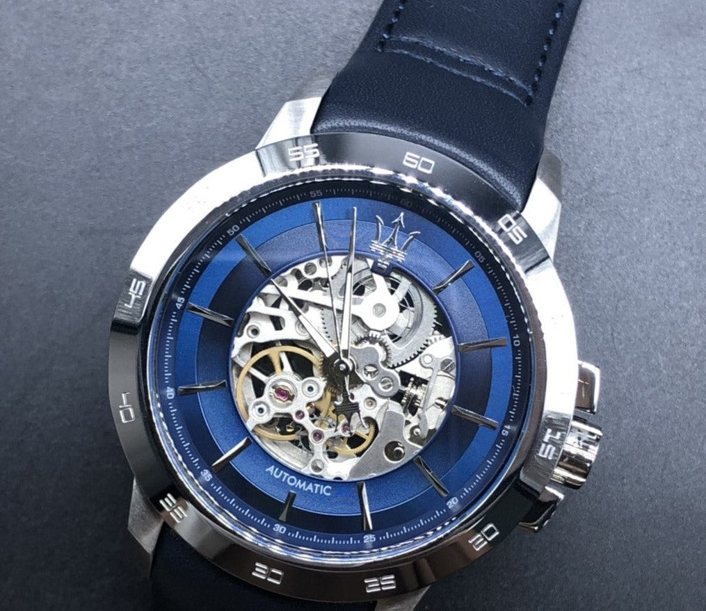 Maserati Ingegno Automatic Blue Skeleton Dial Black Leather Strap Watch For Men - R8821119004 Watches Maserati   