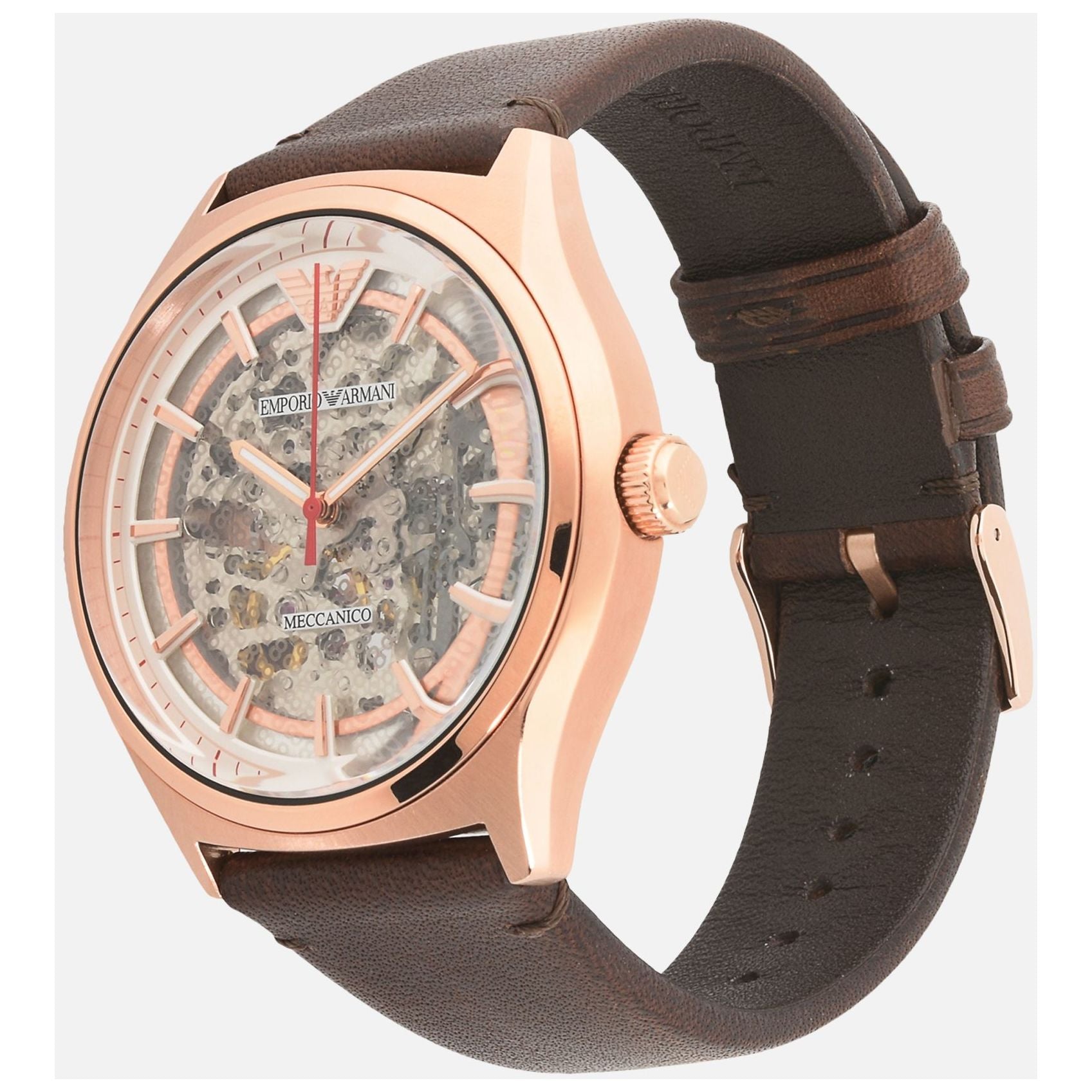 Emporio Armani Meccanico White Skeleton Dial Brown Leather Strap Watch For Men - AR60005 Watches Emporio Armani   