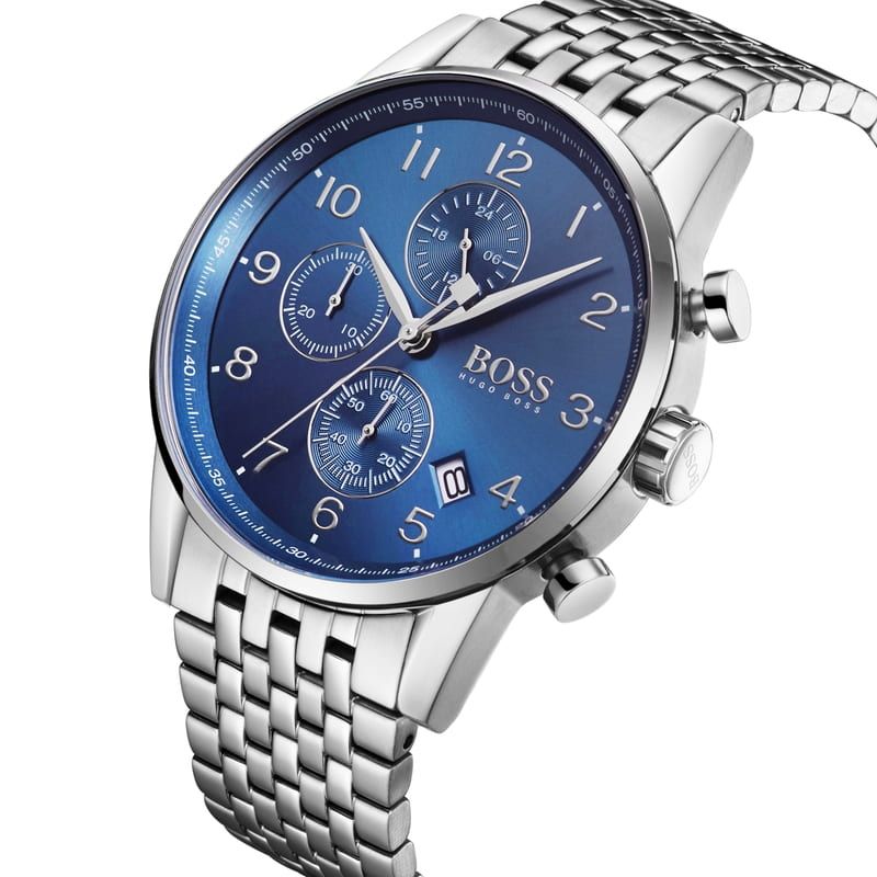 Hugo Boss Navigator Chronograph Blue Dial Silver Steel Strap Watch for Men - 1513498 Watches Hugo Boss   