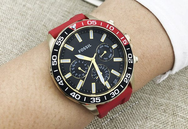 Fossil Bannon Multifunction Black Dial Red Silicone Strap Watch for Men - BQ2499 Watches Fossil   