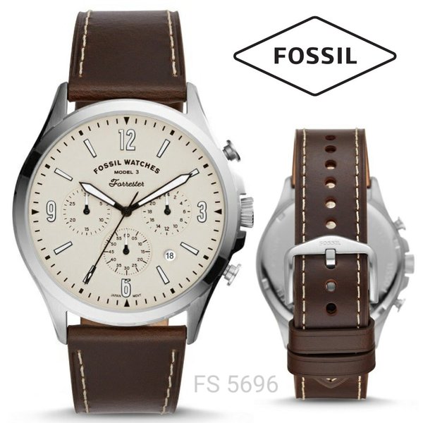 Fossil Forrester Chronograph Cream Dial Brown Leather Strap Watch for Men - FS5696 Watches Fossil   