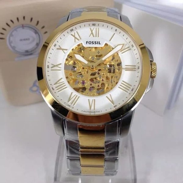 Fossil Grant Automatic Skeleton White Dial Two Tone Steel Strap Watch for Men - ME3112 Watches Fossil   