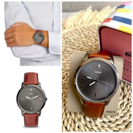 Fossil The Minimalist 3H Grey Dial Brown Leather Strap Watch for Men - FS5479 Watches Fossil   