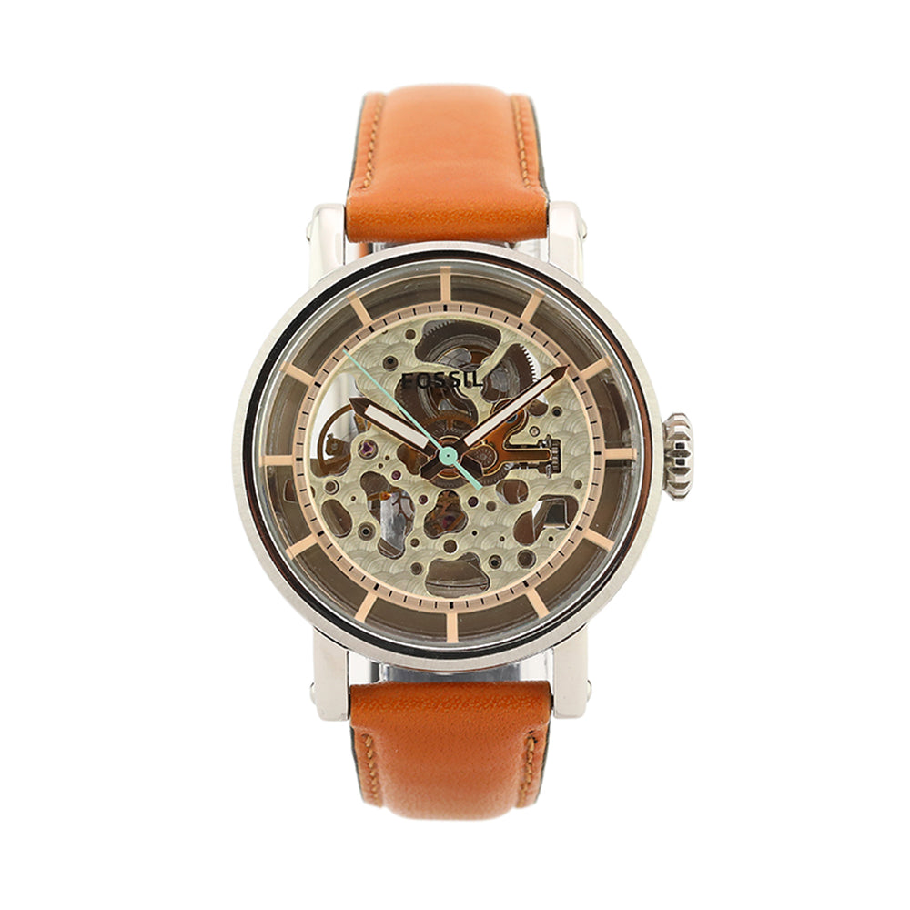 Fossil Boyfriend Automatic Skeleton Silver Dial Brown Leather Strap Watch for Women - ME3109 Watches Fossil   