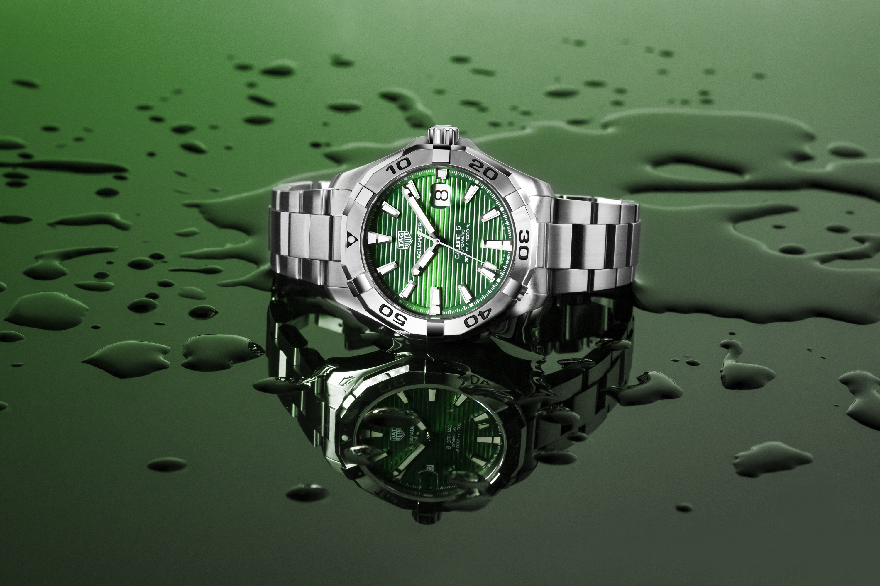 Tag Heuer Aquaracer Calibre 5 Automatic Green Dial Silver Steel Strap Watch for Men - WAY2015.BA0927 Watches Tag Heuer   