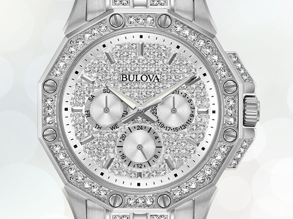 Bulova Crystal Collection Pave Silver Dial with Crystals Silver Steel Strap Watch for Men - 96C134 Watches Bulova   