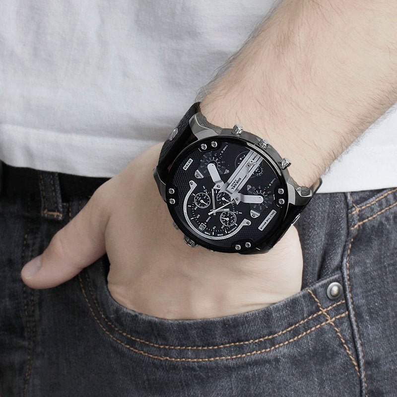 Diesel Mr Daddy Black Dial Black Leather Strap Watch For Men - DZ7313 Watches Diesel   
