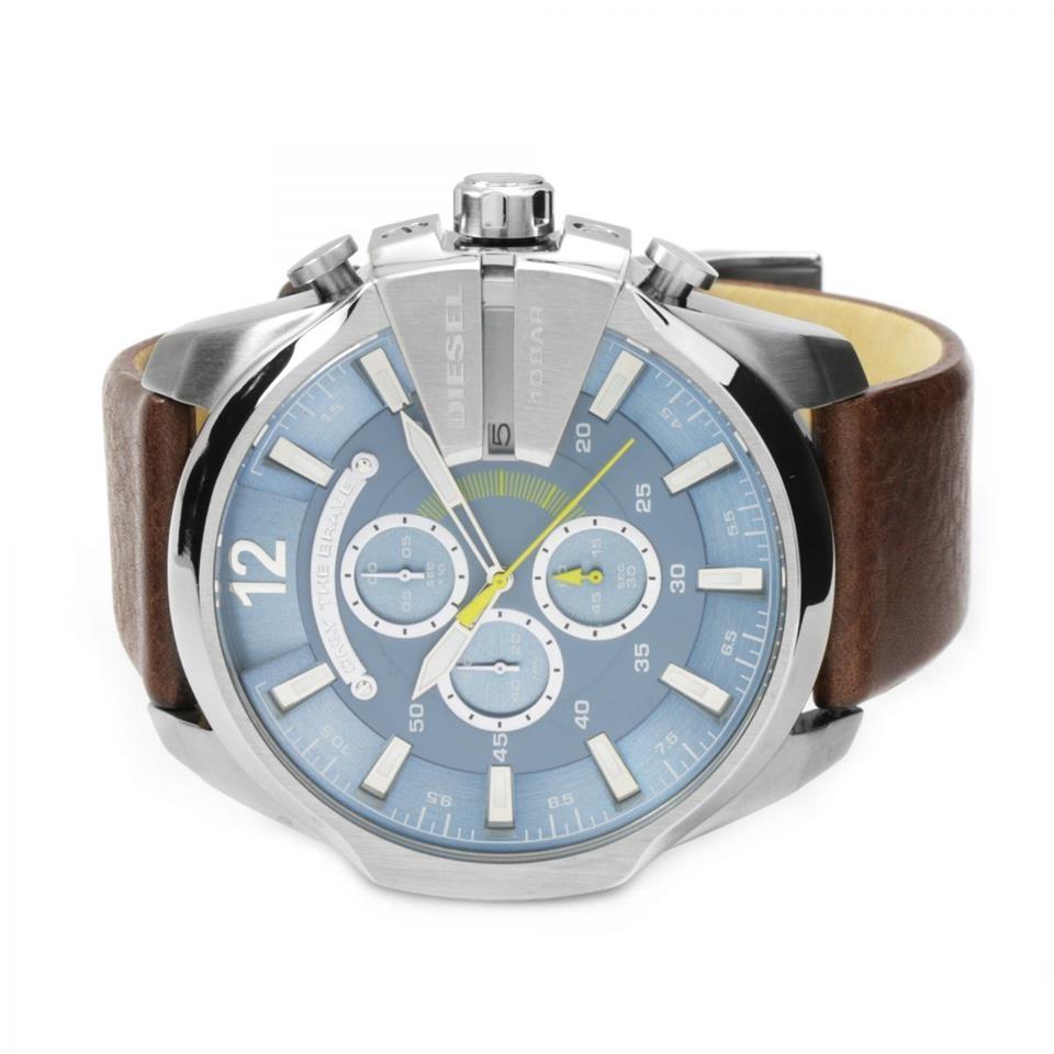 Diesel Mega Chief Light Blue Dial Brown Leather Strap Watch For Men - DZ4281 Watches Diesel   