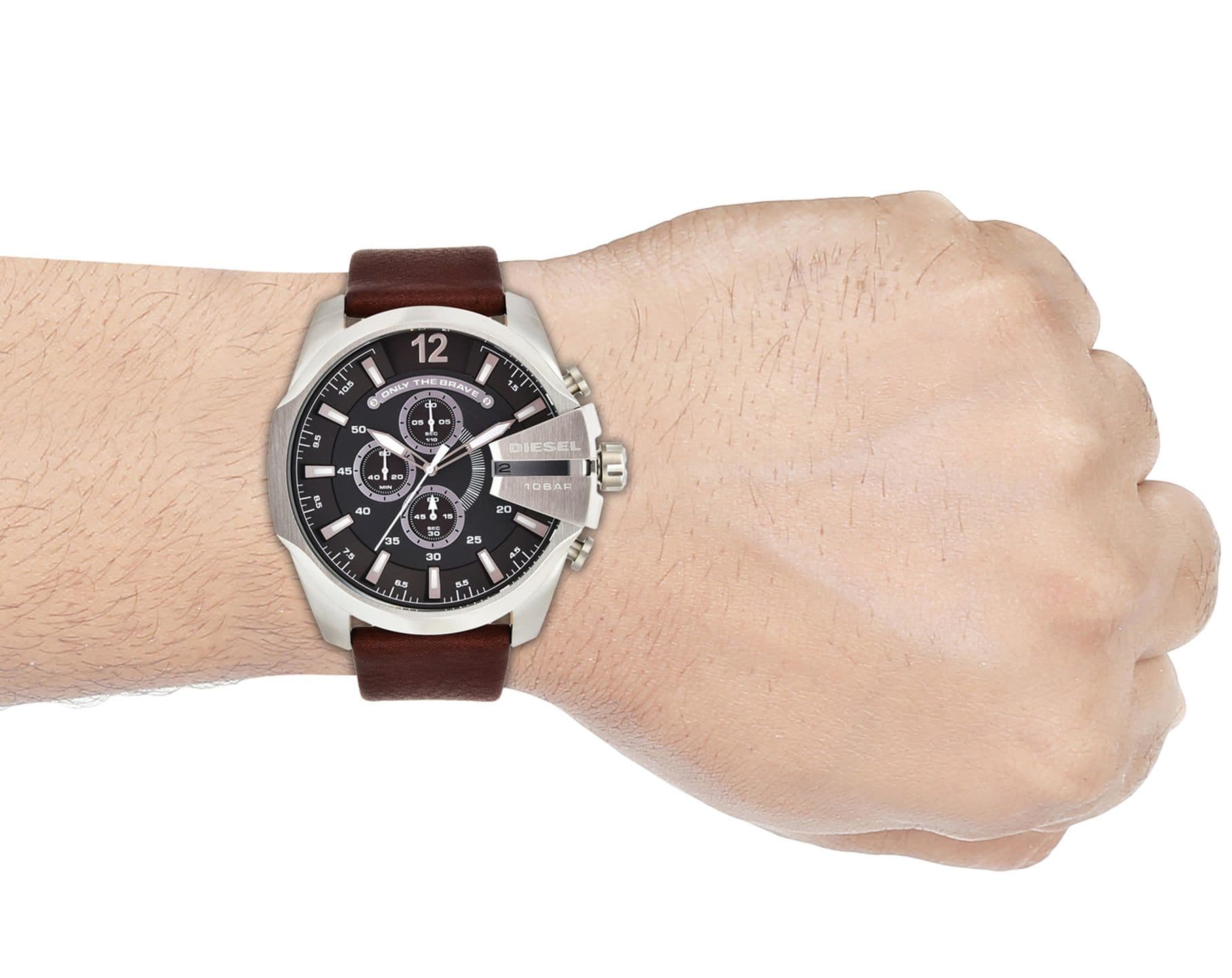 Diesel Mega Chief Black & Silver Round Dial Brown Leather Watch For Men - DZ4290 Watches Diesel   