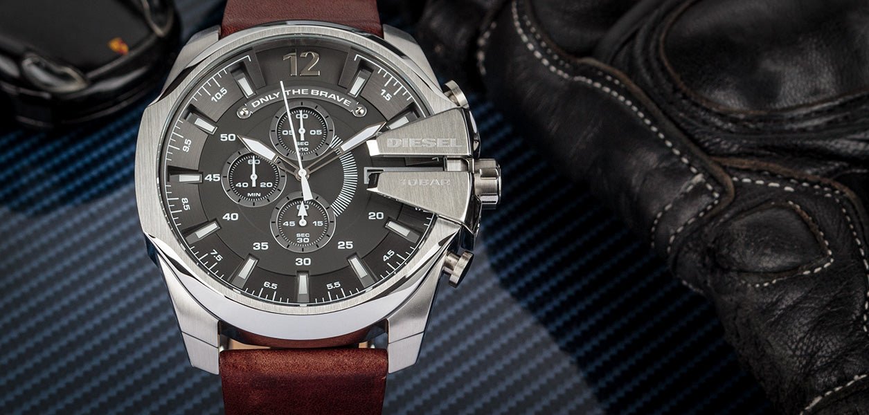 Diesel Mega Chief Black & Silver Round Dial Brown Leather Watch For Men - DZ4290 Watches Diesel   