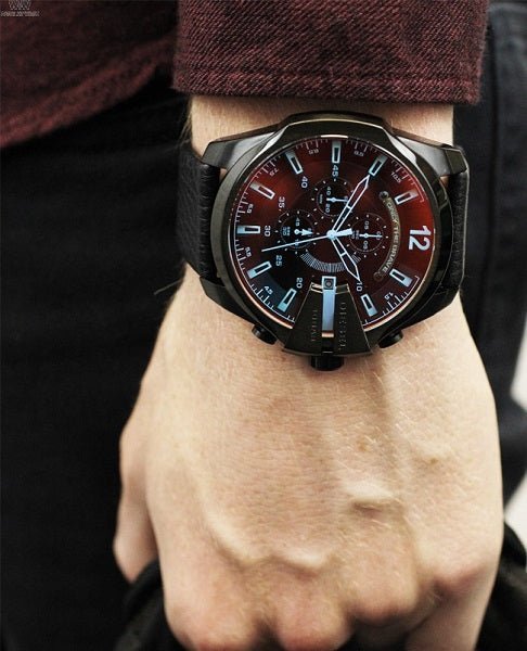 Diesel Mega Chief Black Dial Black Leather Strap Watch For Men - DZ4323 Watches Diesel   