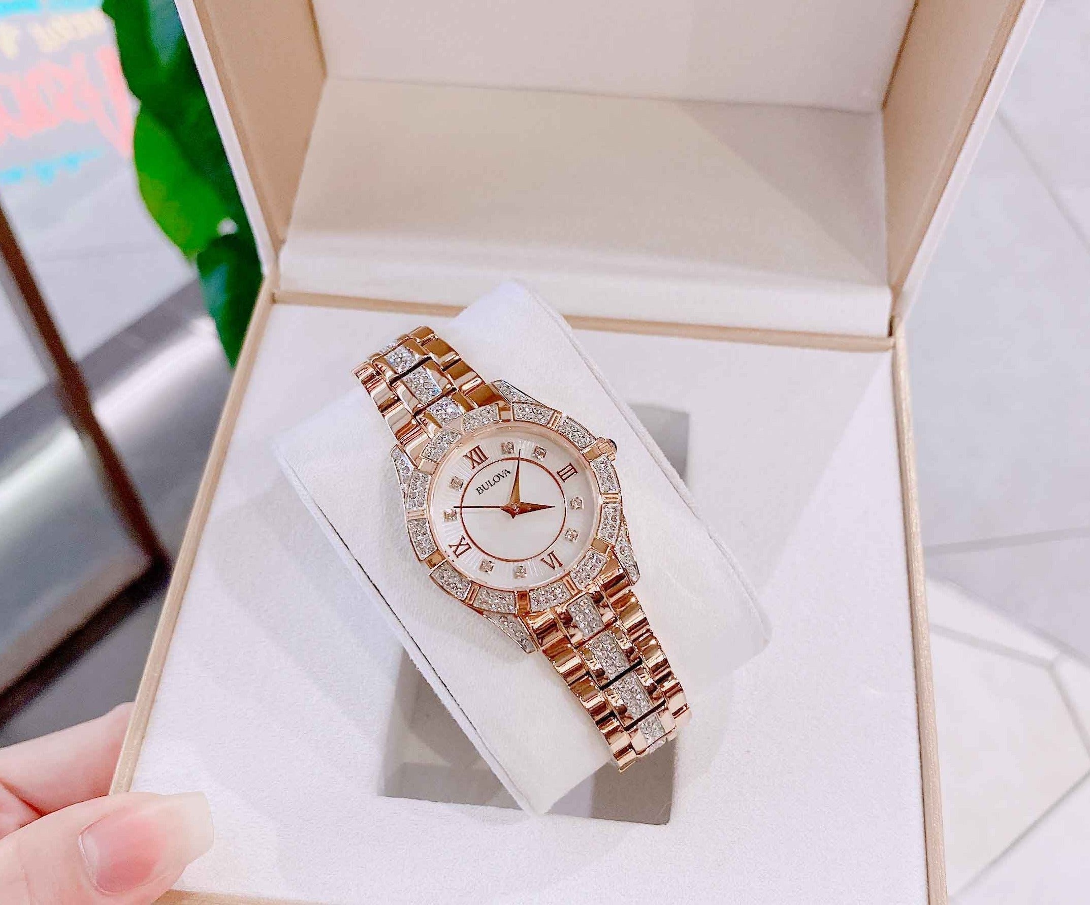 Bulova Crystal Mother of Pearl Dial Rose Gold Steel Strap Watch for Women - 98L197 Watches Bulova   