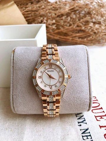 Bulova Crystal Mother of Pearl Dial Rose Gold Steel Strap Watch for Women - 98L197 Watches Bulova   