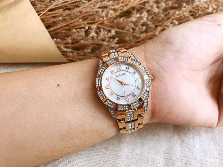 Bulova Crystal Mother of Pearl Dial Rose Gold Steel Strap Watch for Women - 98L197 Watches Bulova   