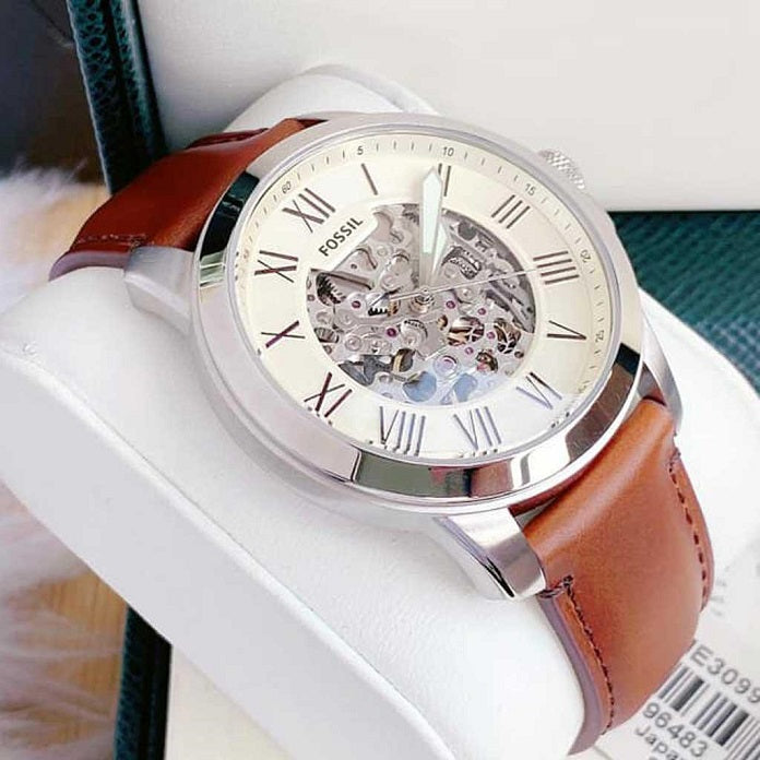 Fossil Grant Automatic Beige Skeleton Dial Brown Leather Strap Watch for Men - ME3099 Watches Fossil   