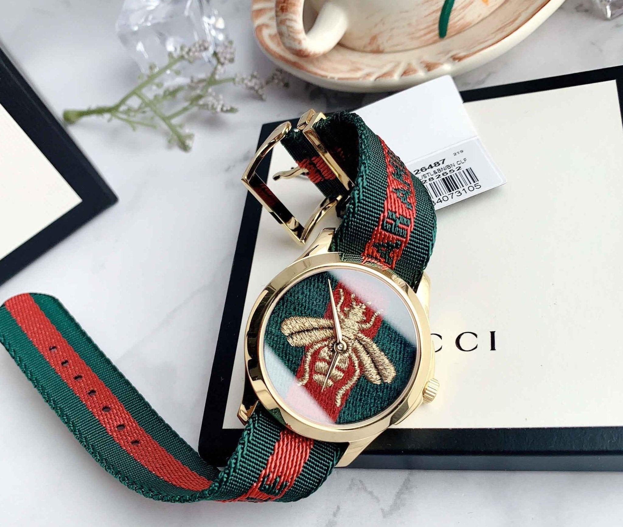 Gucci Le Marche des Merveilles Green & Red Dial Green & Red NATO Strap Unisex Watch - YA126487 Watches Gucci   