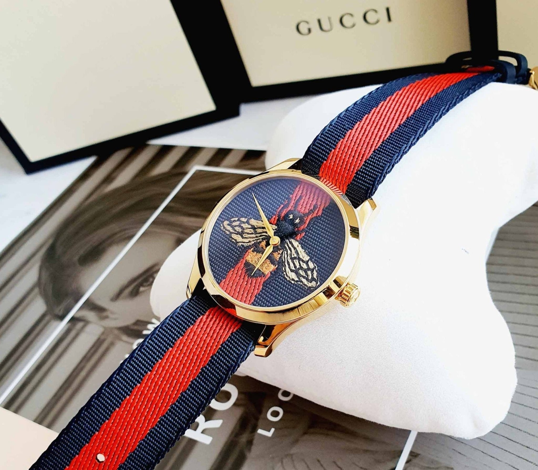 Gucci G Timeless Bee Red & Blue Dial Red Two Tone Nylon Strap Watch For Men - YA1264061 Watches Gucci   