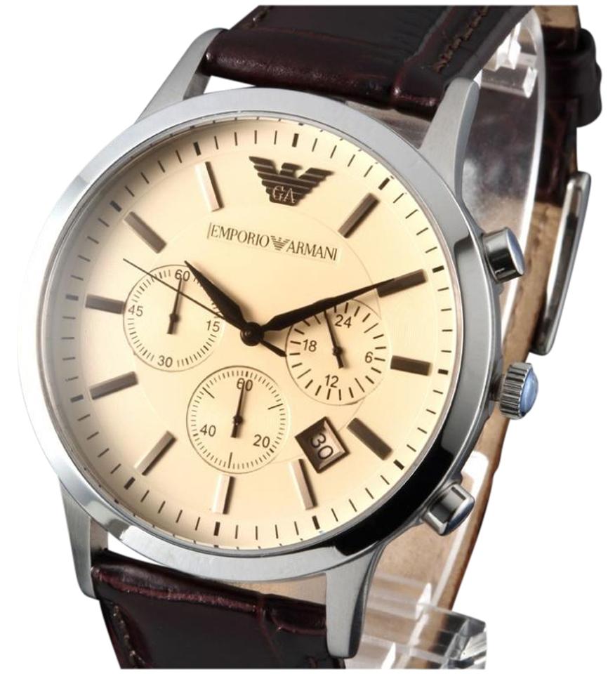 Emporio Armani Classic Chronograph Beige Dial Brown Leather Strap Watch For Men - AR2433 Watches Emporio Armani   