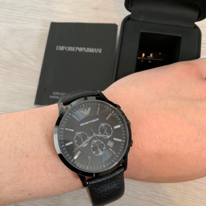 Emporio Armani Sportivo Chronograph Black Dial Black Leather Strap Watch For Men - AR2461 Watches Emporio Armani   