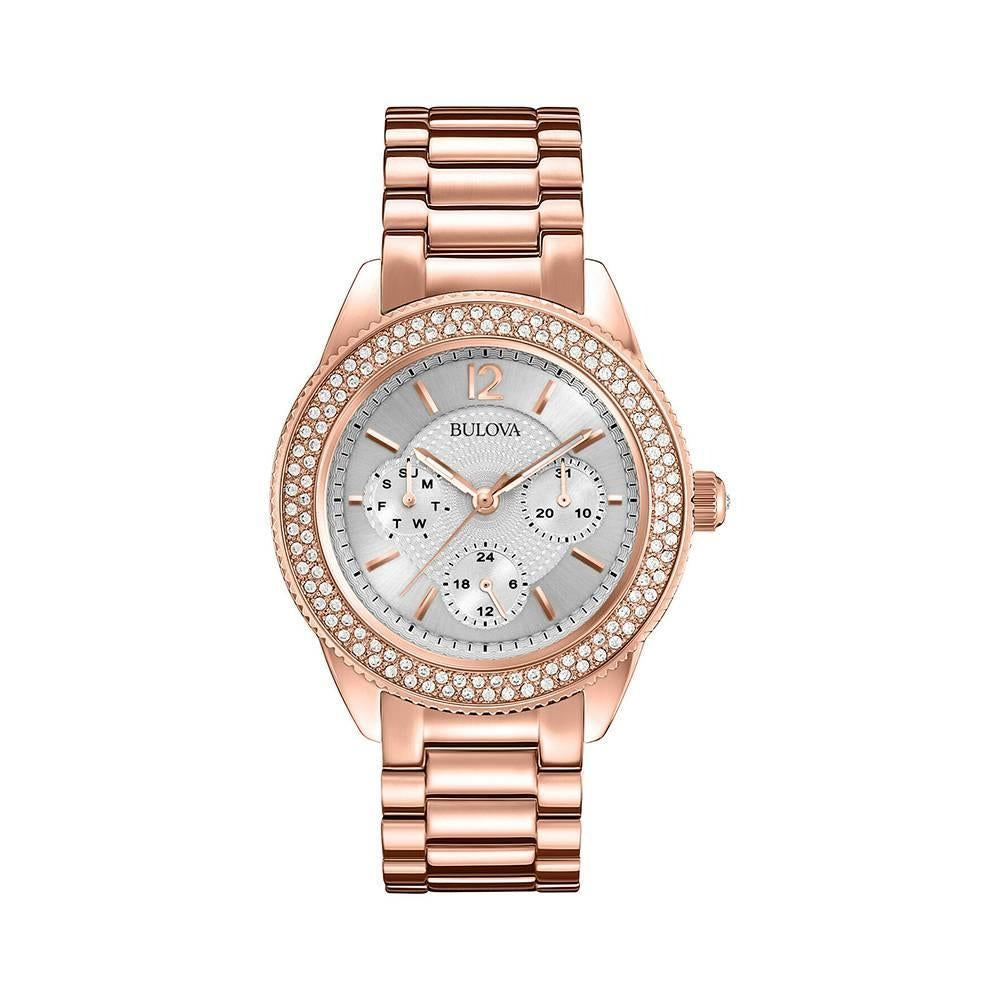 Bulova Crystal Silver Dial Rose Gold Steel Strap Watch for Women - 97N101 Watches Bulova   