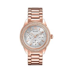 Bulova Crystal Silver Dial Rose Gold Steel Strap Watch for Women - 97N101 Watches Bulova   