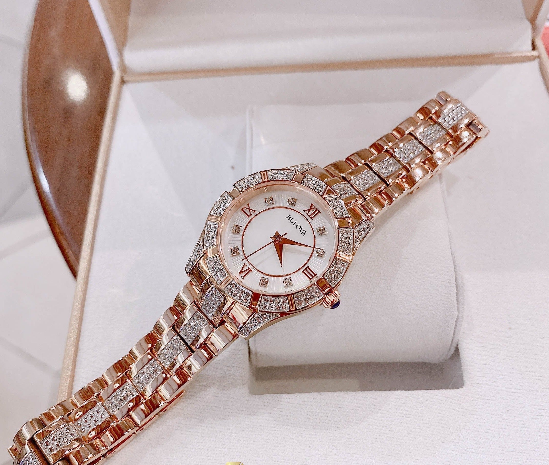 Bulova Crystal Mother of Pearl Dial Rose Gold Steel Strap Watch for Women - 98L197 Watches Bulova   