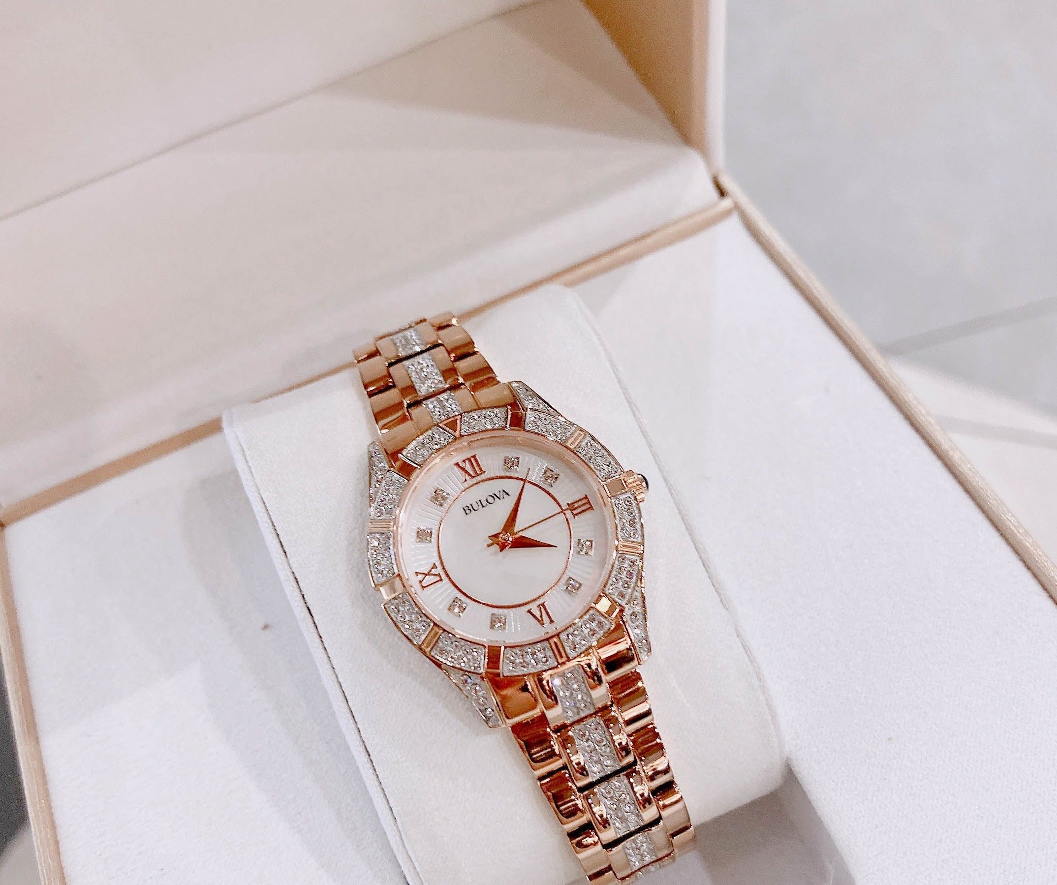 Bulova Crystal Mother of Pearl Dial Rose Gold Steel Strap Watch for Women - 98L197 Watches Bulova   