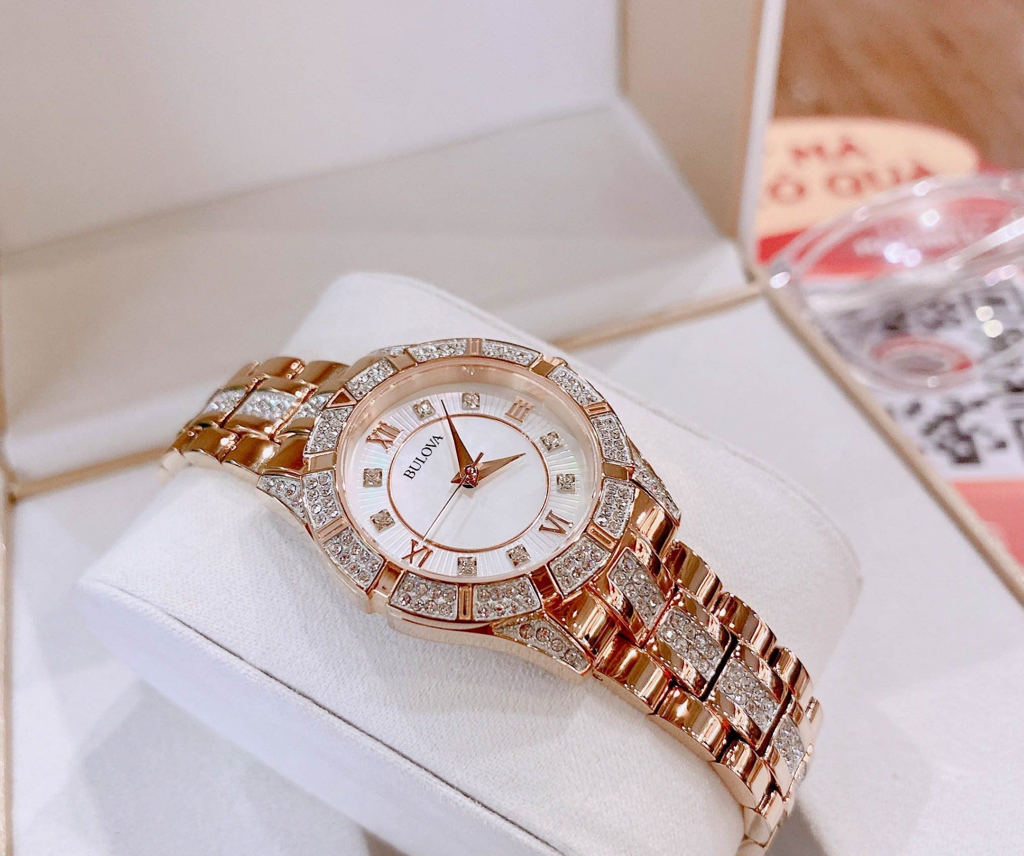 Bulova Crystal Mother of Pearl Dial Rose Gold Steel Strap Watch for Women - 98L197 Watches Bulova   