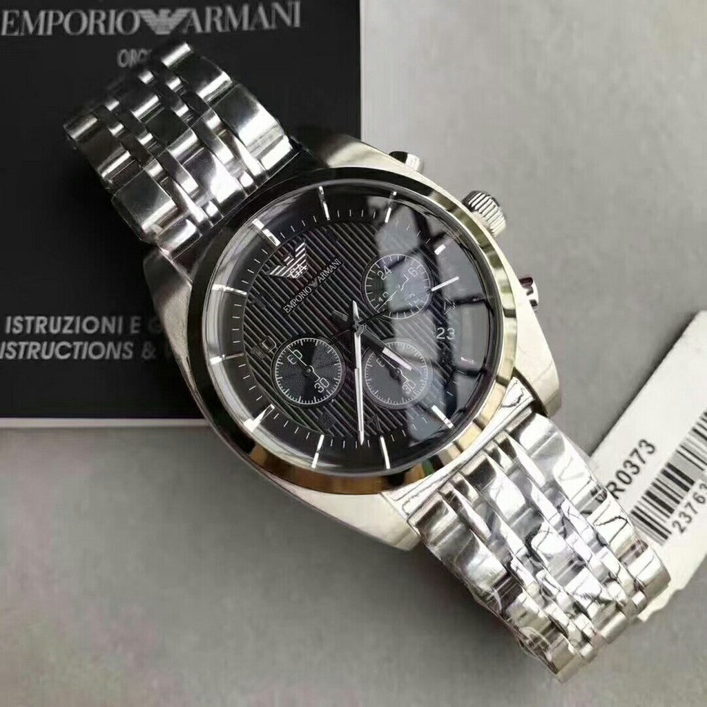 Emporio Armani Franco Black Dial Silver Stainless Steel Strap Watch For Men - AR0373 Watches Emporio Armani   