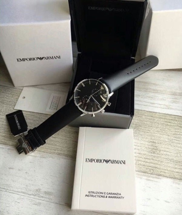 Emporio Armani Gianni Chronograph Black Dial Black Leather Strap Watch For Men - AR0397 Watches Emporio Armani   