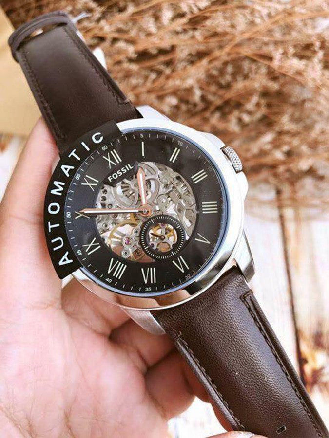 Fossil Grant Automatic Skeleton Black Dial Brown Leather Strap Watch for Men - ME3095 Watches Fossil   