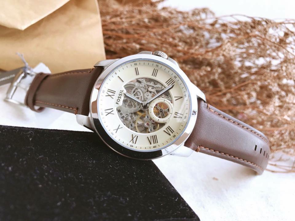 Fossil Grant Automatic White Dial Brown Leather Strap Watch for Men - ME3052 Watches Fossil   