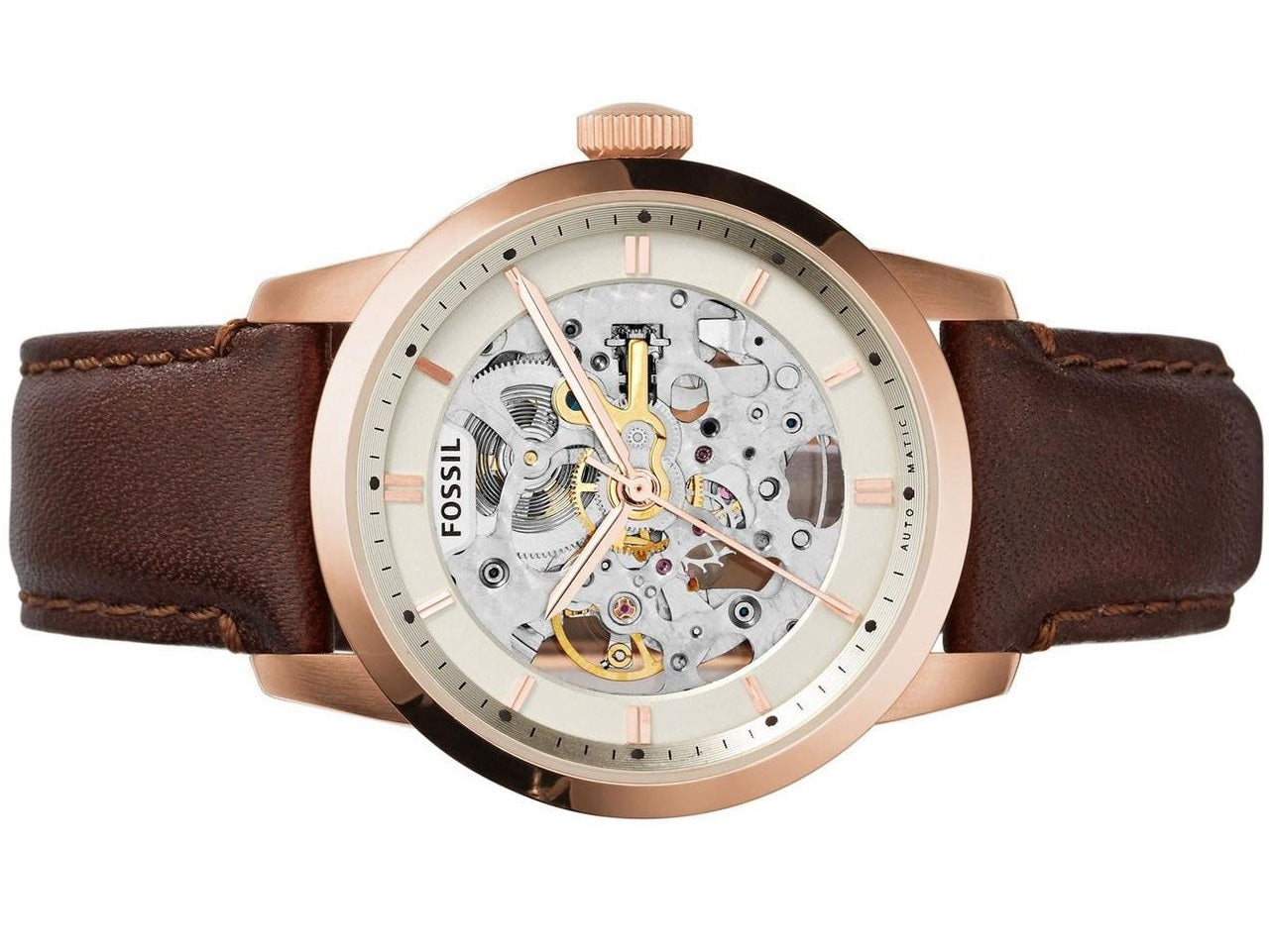 Fossil Townsman Automatic Skeleton White Dial Brown Leather Strap Watch for Men - ME3078 Watches Fossil   