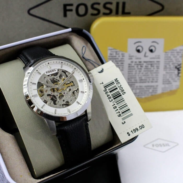 Fossil Townsman Automatic Skeleton White Dial Black Leather Strap Watch for Men - ME3085 Watches Fossil   