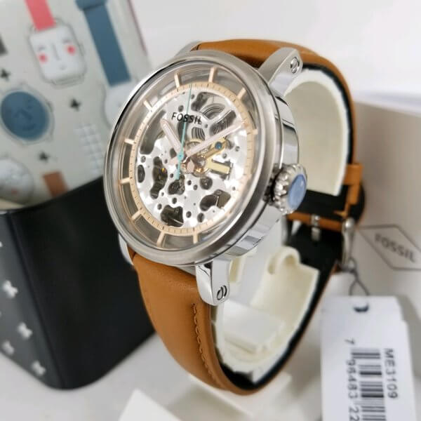 Fossil Boyfriend Automatic Skeleton Silver Dial Brown Leather Strap Watch for Women - ME3109 Watches Fossil   