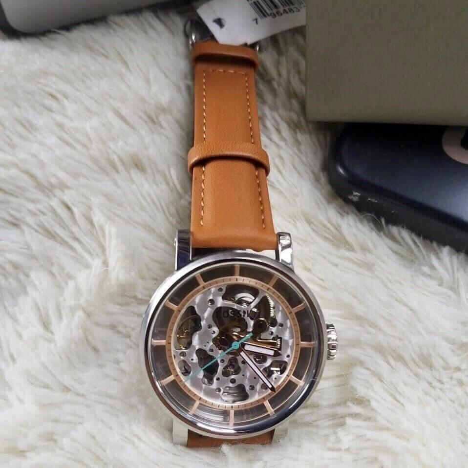 Fossil Boyfriend Automatic Skeleton Silver Dial Brown Leather Strap Watch for Women - ME3109 Watches Fossil   