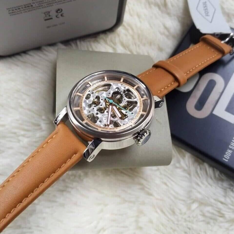 Fossil Boyfriend Automatic Skeleton Silver Dial Brown Leather Strap Watch for Women - ME3109 Watches Fossil   