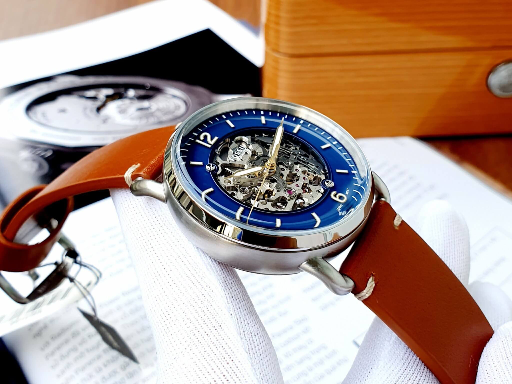 Fossil Commuter Automatic Skeleton Blue Dial Brown Leather Strap Watch for Men - ME3159 Watches Fossil   