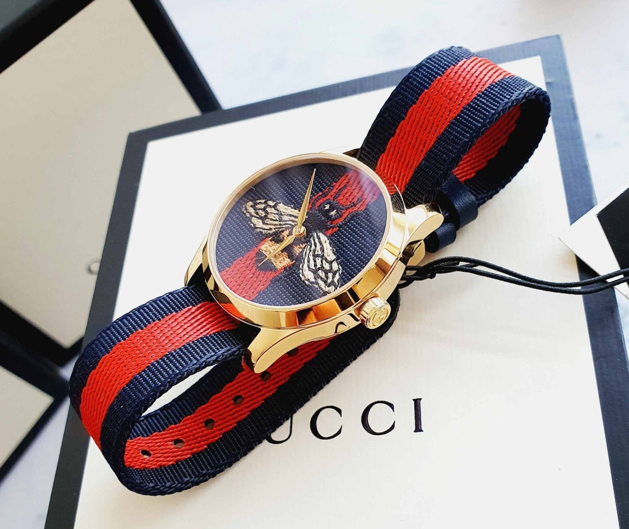 Gucci G Timeless Bee Red & Blue Dial Red Two Tone Nylon Strap Watch For Men - YA1264061 Watches Gucci   