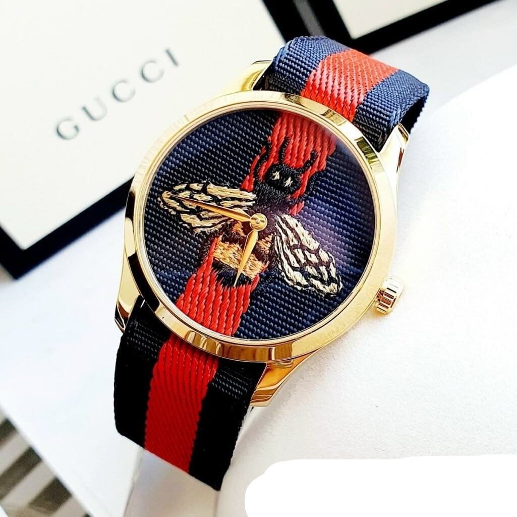 Gucci G Timeless Bee Red & Blue Dial Red Two Tone Nylon Strap Watch For Men - YA1264061 Watches Gucci   