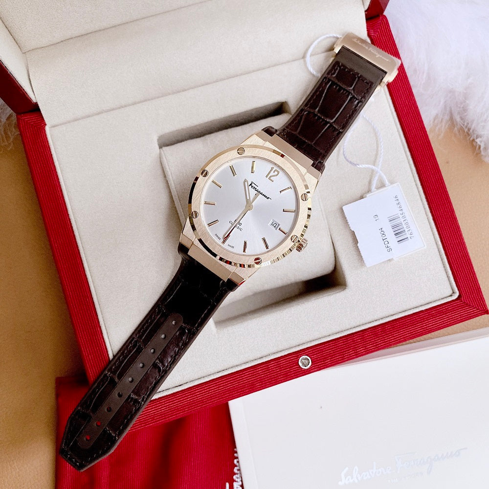 Salvatore Ferragamo F-80 Classic Silver Dial Brown Leather Strap Watch for Men - SFDT00419 Watches Salvatore Ferragamo   
